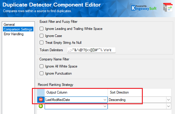Comparison settings for the Duplicate Detector component